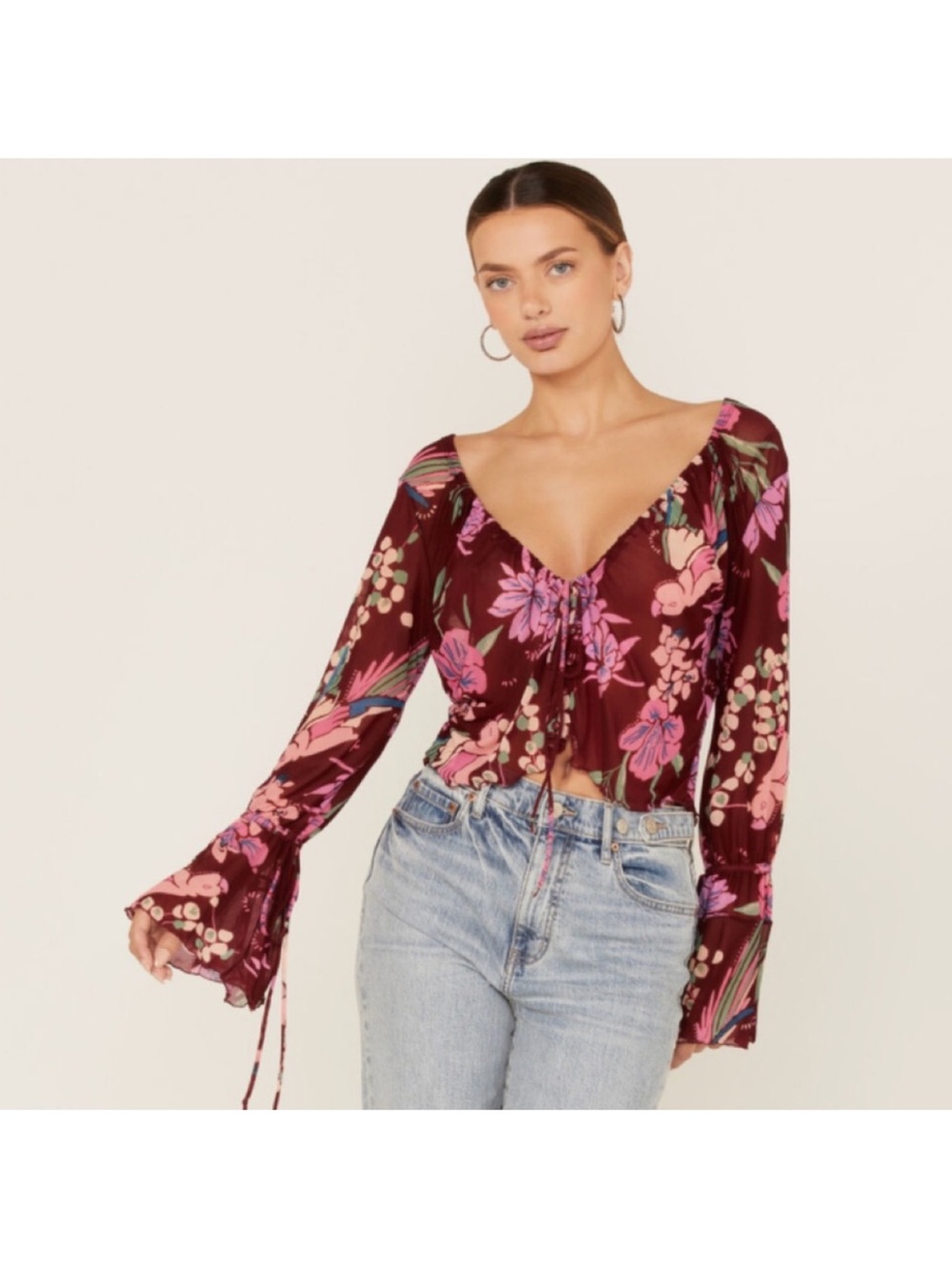 Free People of Paradise, Cocoa Combo, Floral Tie-Front Peasant Blouse